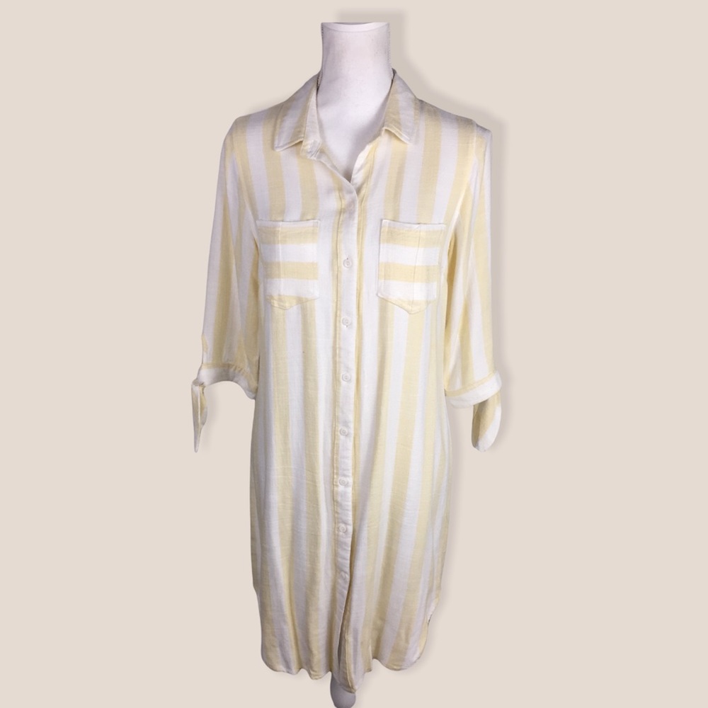 Sharagano Front Button Shirt Dress Sz 10 3/4 Sleeves Tie Yellow White